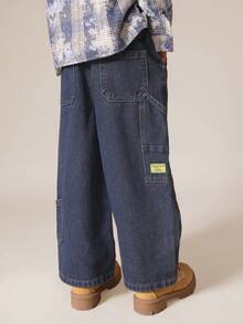 SUMWON Boys Indigo Carpenter Pull On Wide Leg Jeans With Multiple Pockets And Hammer Loop Detail Casual Vacation - Dark Wash - View 2