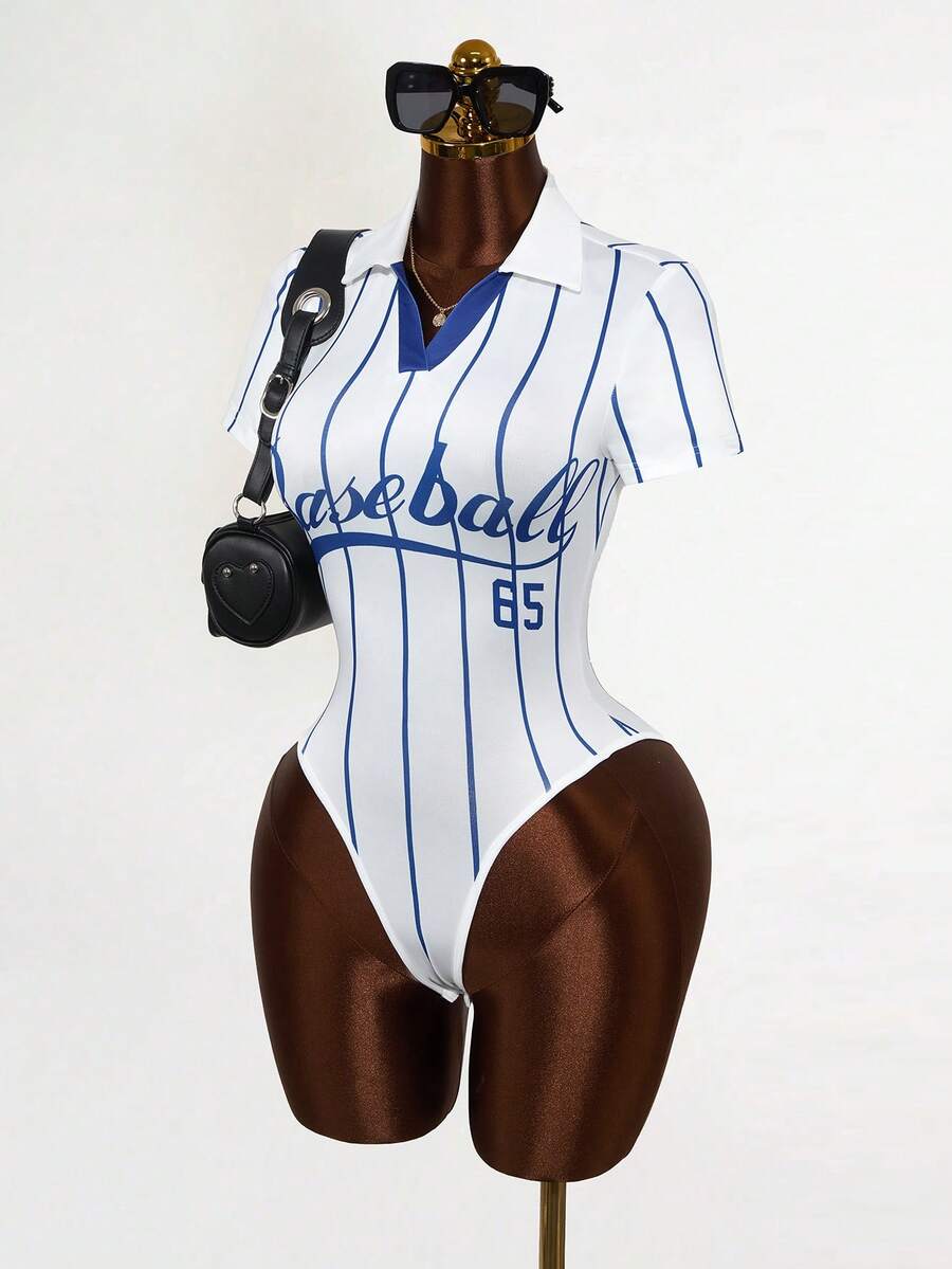 Mistrie 女士休闲时尚街头风条纹字母印花V领连体衣，夏季 - 白色 - 查看 1