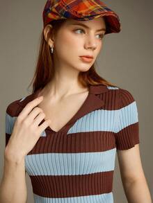 Elnivra 撞色条纹 Polo 领针织上衣，法式街头风，短袖夏季衬衫 - 棕色 - 查看 5