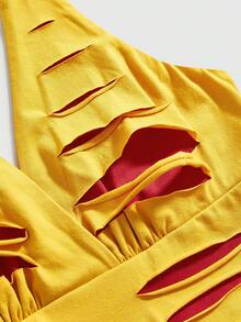 ROMWE Hippie 女士性感嬉皮音乐节无袖露背撞色破洞露脐上衣 - 黃色 - 查看 3