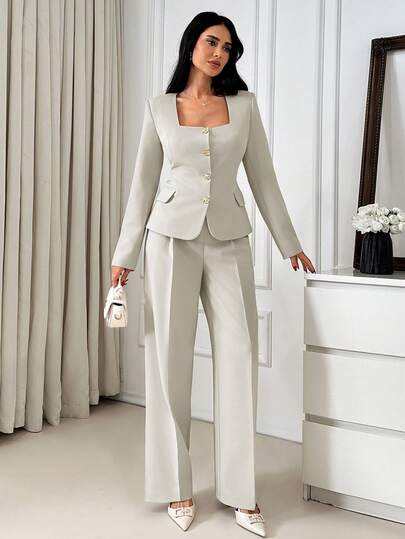 EURMUSE Women Two Pieces Suit Sets Blazer Jacket And Pant Sets Fake Linen