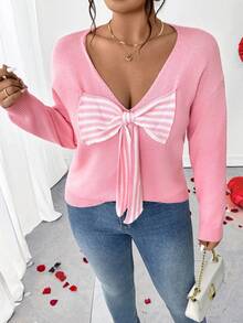 Elenzga Women's Casual V-Neck Bow Tie Long Sleeve Loose Fit Plus Size Sweater,Cerise Pink,Autumn,Cute,Wedding Ninang Outerwear Pink Bow Cute Winter Sweaters - Pink - View 6