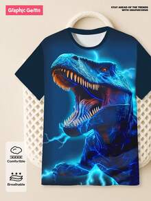 GraphicGems Young Boy Blue Lightning & Dinosaur Digital Print Casual T-Shirt