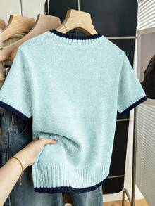 SHEIN Franclia Áo kiểu dệt kim phối màu tương phản, phong cách thường ngày, cá tính, dành cho nữ, thích hợp cho mùa hè. - Màu xanh nhạt - Xem 2
