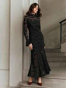 Anewsta Women's Bodycon Fishtail Hem Dress With Flare Sleeves, Black Lace Rose Ruffle Collar, Elegant And Stylish For Fall, Winter, Spring, New Year, Party, Wedding - Black - View 5