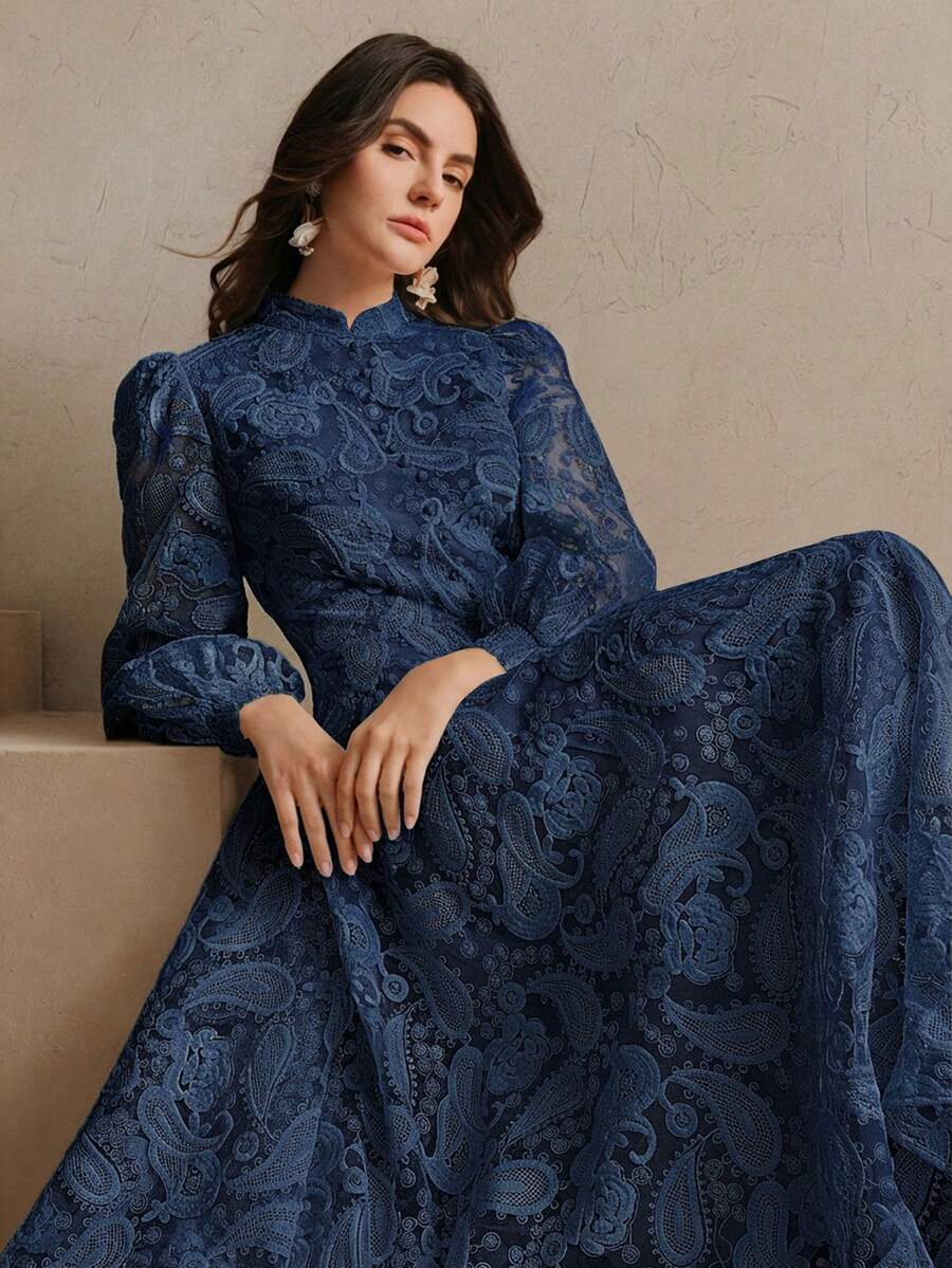 Anewsta 女士秋季立领灯笼袖收腰薄纱刺绣优雅连衣裙,适合感恩节、圣诞节等主题场合穿着 - 藏蓝色 - 查看 1