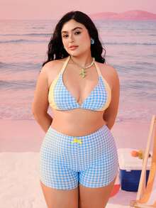 Swim Mod Bộ đồ bơi kẻ caro phối màu thanh lịch dành cho nữ cỡ lớn, phong cách học thuật ngọt ngào, thích hợp cho kỳ nghỉ biển. - Màu xanh lam - Xem 3