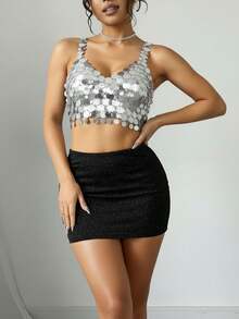 Crop top blusa lentejuelas grandes dama mujer - Plateado - Ver 1