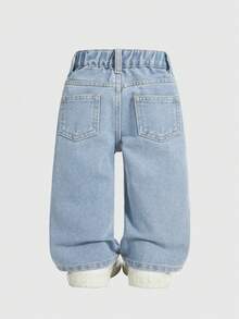 SHEIN Quần jean ống đứng dáng rộng màu xanh nhạt họa tiết động vật dễ thương dành cho bé gái mới biết đi, phù hợp mặc hàng ngày và mùa tựu trường - Rửa nhẹ - Xem 2