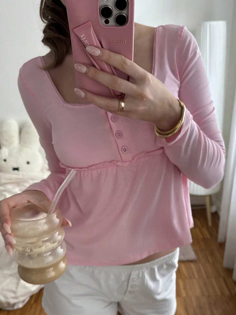 CovetEZ Women Amilitary Green Front Button Long Sleeve Casual Shirt,Fall,Winter - Pink - View 1