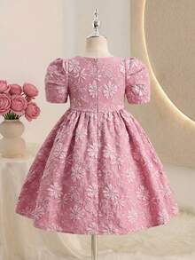 小女孩可爱优雅公主裙，粉色提花泡泡袖派对礼服，甜美迷你正式礼服