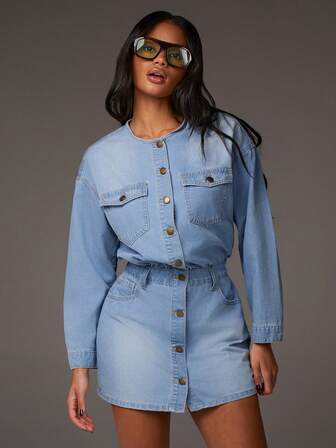 Athîral 女士圆领落肩长袖单排扣休闲牛仔连衣裙