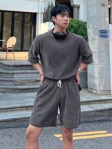 DAZY 男士纯灰色圆领弹力腰带T恤套装，夏季 - 灰色 - 查看 3