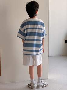 SHEIN Little Byeori 两件套男童休闲简约圆领短袖短裤套装，适合夏季穿着 - 白色 - 查看 4
