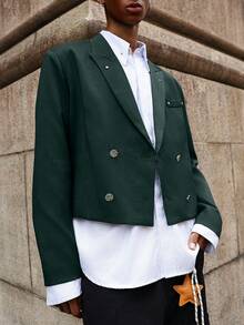 Manfinity EMRG Áo blazer ngắn màu đen, cài hai hàng khuy, trang trí đinh tán kim loại, kiểu dáng thường ngày, thời trang và đa năng, món quà tuyệt vời dành cho bạn trai hoặc chồng. - Màu xanh lá cây đậm - Xem 5