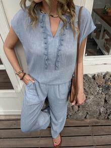 Vivie Lora 女士无袖流苏露脐上衣和阔腿长裤两件套度假套装 - 藍色 - 查看 5