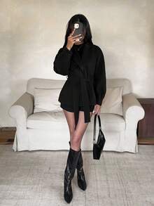 Aloruh Women's Solid Color Lapel NeckLong Sleeve Casual Overcoat, Autumn/Winter - Black - View 5