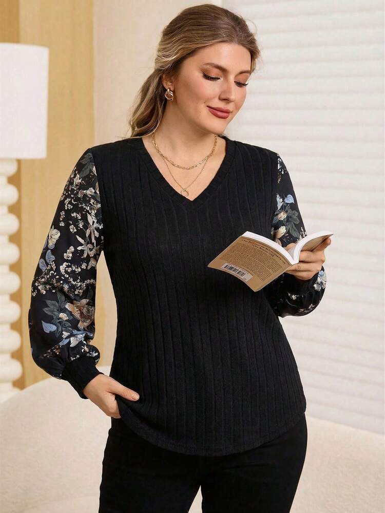 プラスサイズVネック フローラルプリント リブ カジュアル 長袖Tシャツ ウィンター レディーストップス 秋 レディーストップス ランタンスリーブ ブラウス ブラックトップ レディースブラウス フルスリーブトップス レディーストップス エレガントジャンパー プラスサイズ 無地リブニットTシャツ 新年 クリスマス レディース