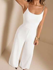 SHEIN BAE Bộ jumpsuit đen hở lưng, jumpsuit ống rộng hai dây gợi cảm dành cho nữ, trang phục thanh lịch để đi chơi hàng ngày, hẹn hò, dự tiệc. - trắng - Xem 5