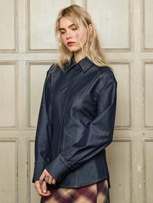 COUREZ 长袖修身PVL衬衫/Y2K春季女装蓝色衬衫可爱性感外出穿搭优雅上衣夏季穿搭夏季衬衫 - 藍色 - 查看 5