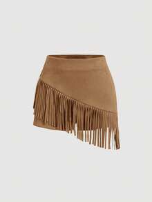 SHEIN MOD Women's Brown Suede Fringe 2 Pieces Outfit, Music Festival Outfit, Western Outfit Tan Two Piece Set Brown Two Piece Set Women - Khaki - View 5