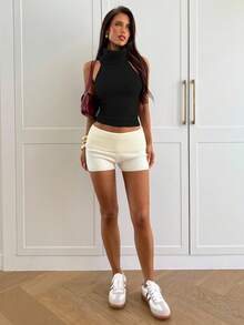 Aloruh 女士时尚纯色高领露背短款T恤 - 黑色 - 查看 3