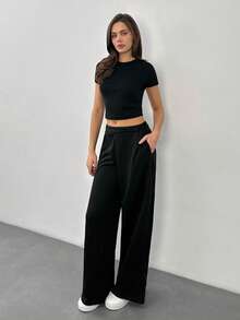 SHEIN Tall 夏季灰色紧身短袖T恤和宽松运动裤两件套，休闲装 - 黑色 - 查看 3