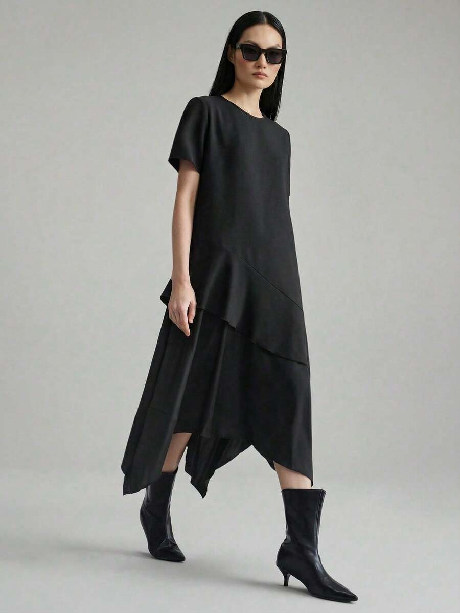 Ontre 女款黑色時尚夏季日常緞面拼接洋裝，抗皺圓領短袖不對稱優雅高端通勤辦公穿搭