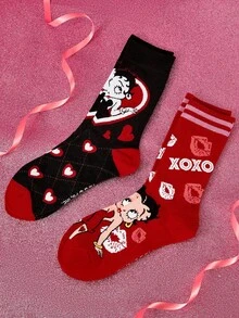 Betty Boop x SHEIN 2双装柔软透气吸湿休闲女士中筒袜，时尚可爱卡通紫白图案，加固袜头和袜跟，经久耐穿，四季皆宜，夏季冬季百搭，图案袜子