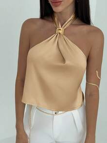 Aloruh Áo tank top ôm sát cơ thể tối giản, gợi cảm, hở lưng, buộc dây xoắn dành cho nữ - Lạc đà - Xem 5