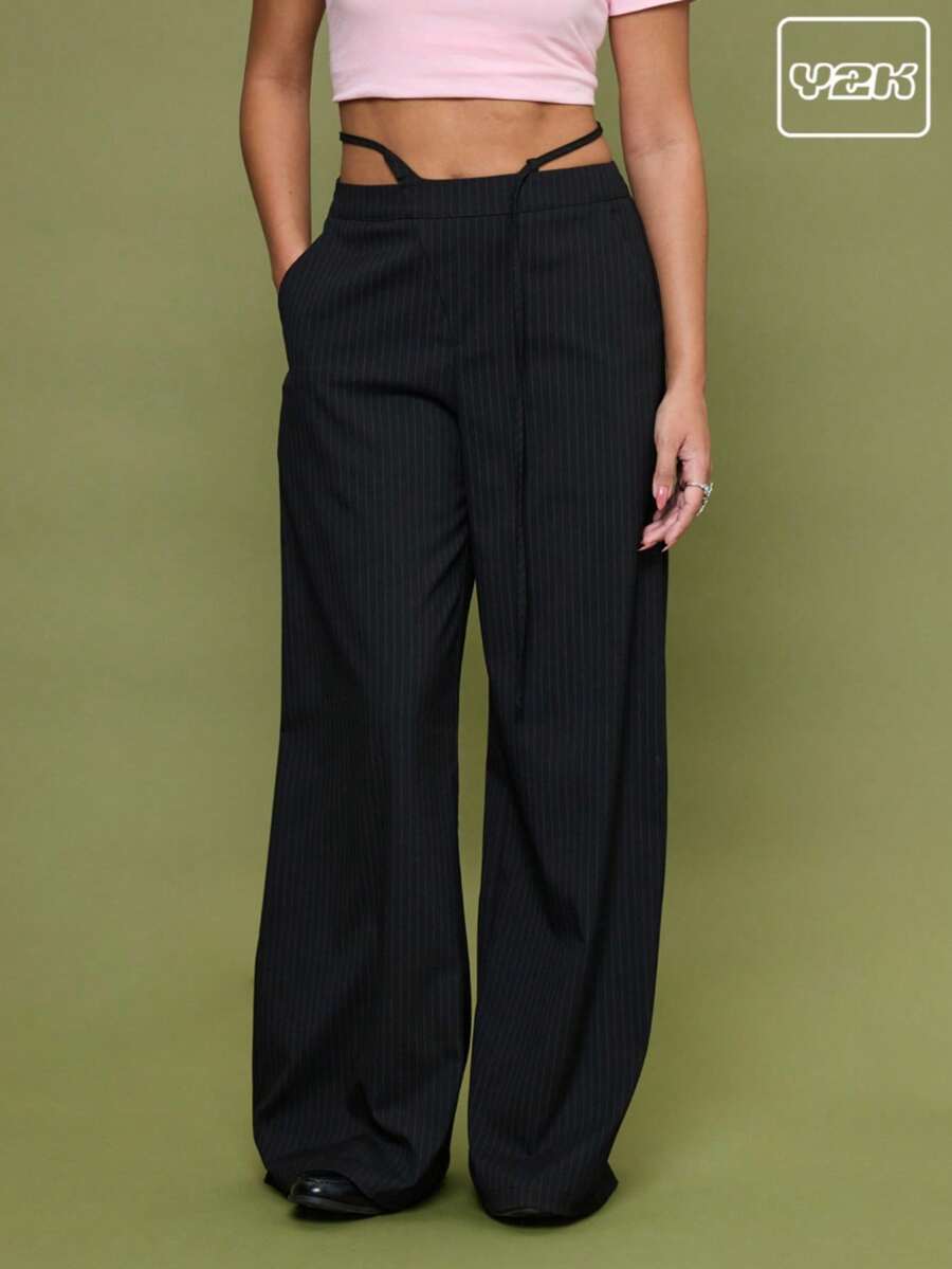 COUREZ 低腰宽松不对称腰裤 /Y2K 秋冬女装休闲下装阔腿裤外出休闲派对黑色裤子 - 寶藍色 - 查看 1