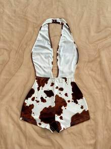 Soleia Women's Sexy Leopard Print Deep V Neck Backless Romper, Fitted Silhouette, Suitable For Party, Christmas, Date Night, Nightclub, Beach, Cruise, Afternoon Tea, Bohemian, Vacation, Summer Holiday Outfits, Bohemian, Boho,Spring/Summer, Carnival Outfit,Retro Outfits - Black and White - View 2