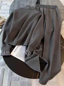 INAWLY Ensemble sweat-shirt et pantalon décontracté en patchwork rayé effet 2 pièces - Gris - Voir 2