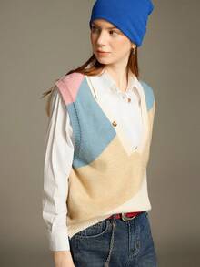 Elnivra 撞色不对称休闲宽松女式套头毛衣背心 - 杏色 - 查看 5