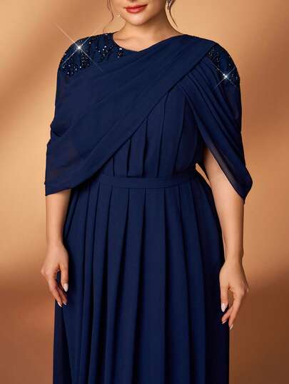 Serin 大码优雅奢华藏蓝色串珠亮片花卉拼接雪纺袖蝴蝶结长裙，适合婚礼、派对、度假、舞会、新娘母亲晚礼服