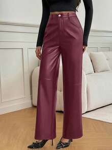 SHEIN Tall Pantalones rectos de piel de poliuretano negros para una cita - Burdeos - Ver 4