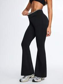 Eassivo Eassivo Contrast Waistband Flared Casual Sports Pants - Black - View 5