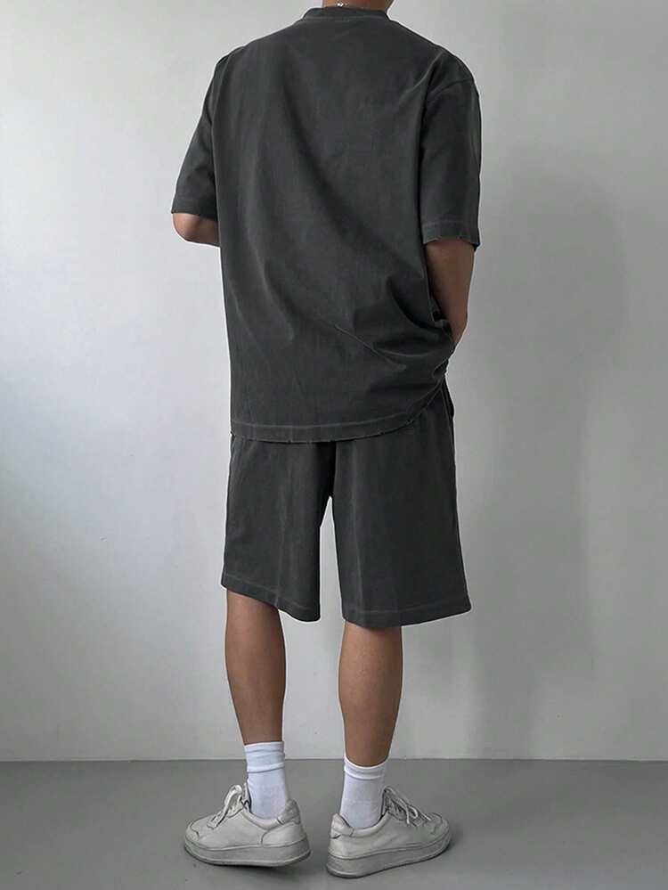 Men's Solid Gray Round Neck T-Shirt Set, Summer