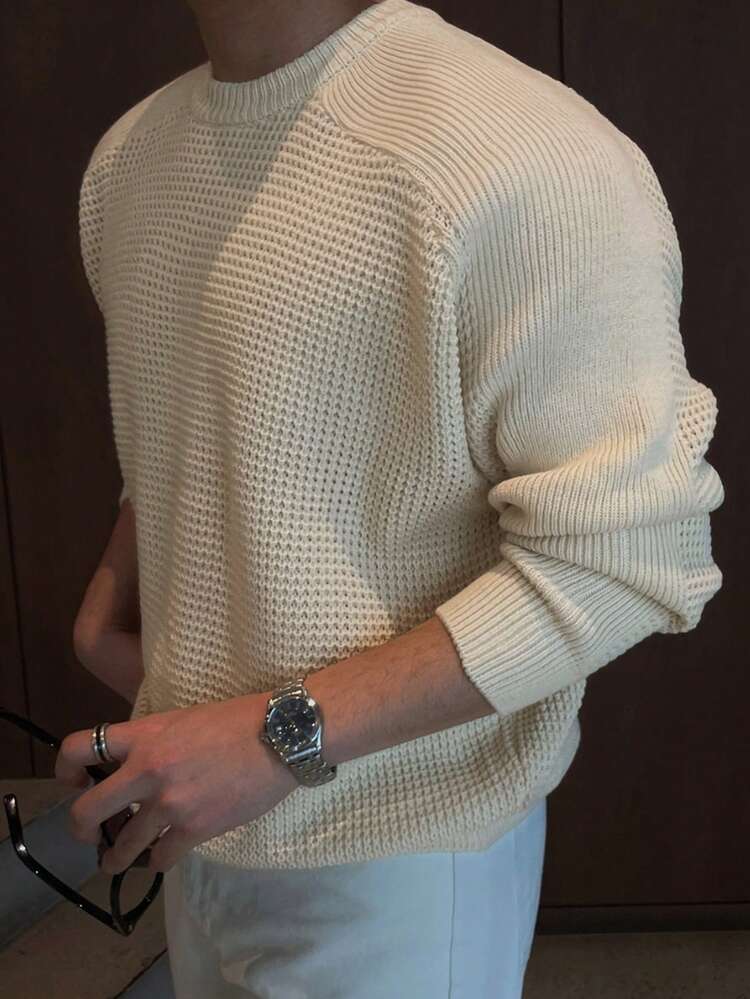 Men's Solid Color Apricot Patchwork Shoulder Sleeve Sweater, Autumn