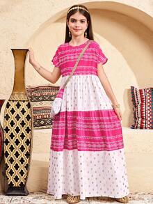 SHEIN Tween Girl Retro Print Color Block Round Neck Short Sleeve A-Line Midi Dress - Hot Pink - View 4