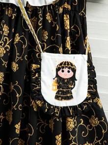 SHEIN 一件印有可爱女孩主题数码印花的女童连衣裙，款式为中东传统女童长袍（Abaya Kaftan Jalabiya），玫瑰花卉图案，带围兜和荷叶边下摆，穿着舒适，饰有金色滚边缎带，适合外出穿着，并附赠一个包包。 - 彩色 - 查看 8