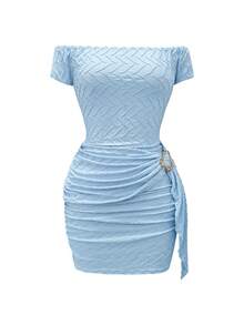 Elenzga New Knitted Wavy Texture Jacquard Sexy Fashion Off Shoulder Fitted Ruched Asymmetric Hem Tie Waist Metal Buckle Mini Dress, Elegant & Versatile For Dates & Daily Wear - Baby Blue - View 5