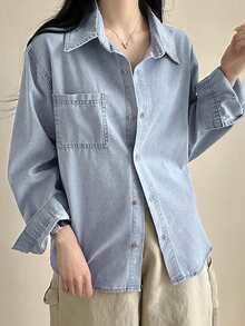 DAZY 宽松牛仔衬衫，新款时尚女式衬衫 - 淺色水洗藍 - 查看 3