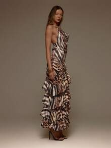 MUSERA 动物纹缎面交叉前襟层叠荷叶边无袖长款连衣裙，情人节性感可爱派对浪漫夜晚外出场合度假优雅春夏 - 彩色 - 查看 4