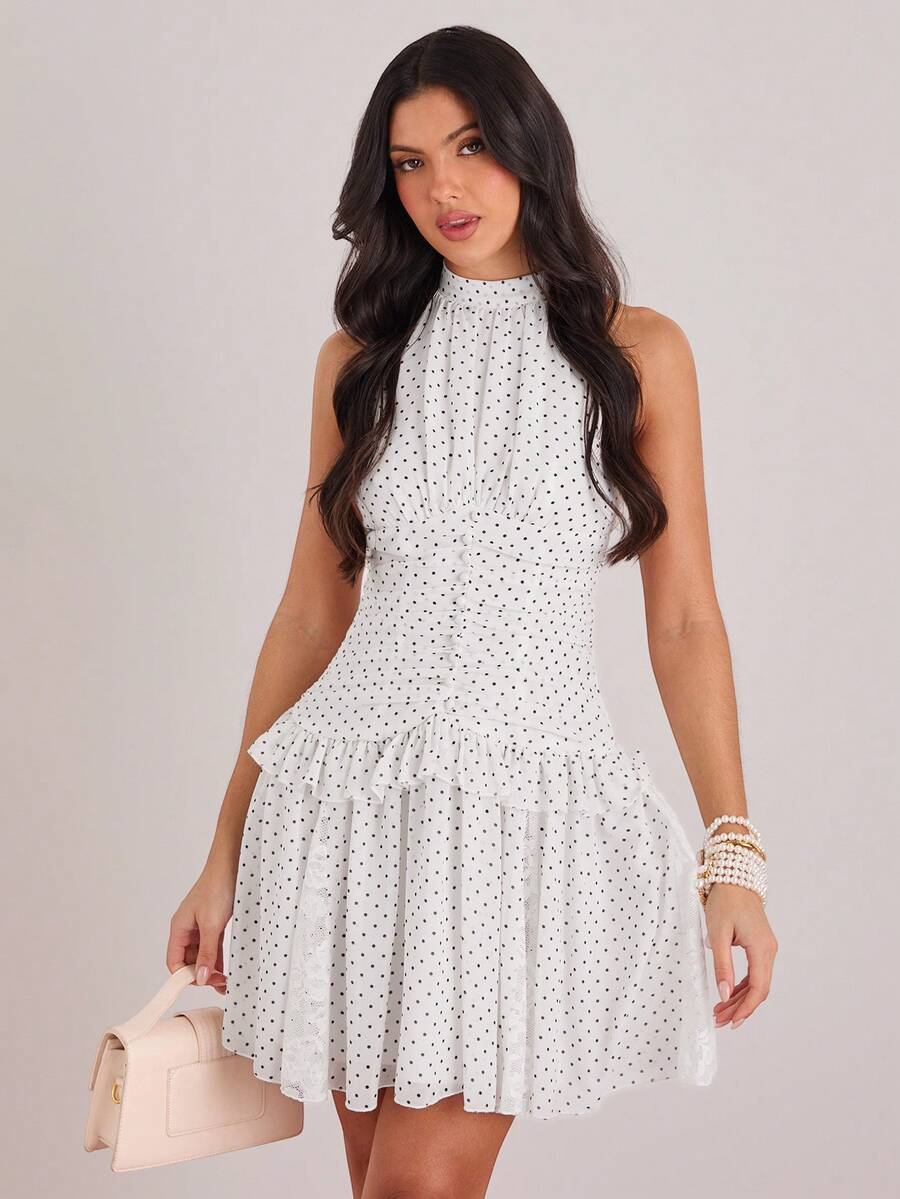 Enchnt Spring/Summer Romantic Women's White Polka Dot Print Ruffle Hem Halter Neck Mini Dress,Sweet&Casual For Vacation&Date&Holiday&Going Out&Valentine's Day,Spring Outfit Women - White - View 1