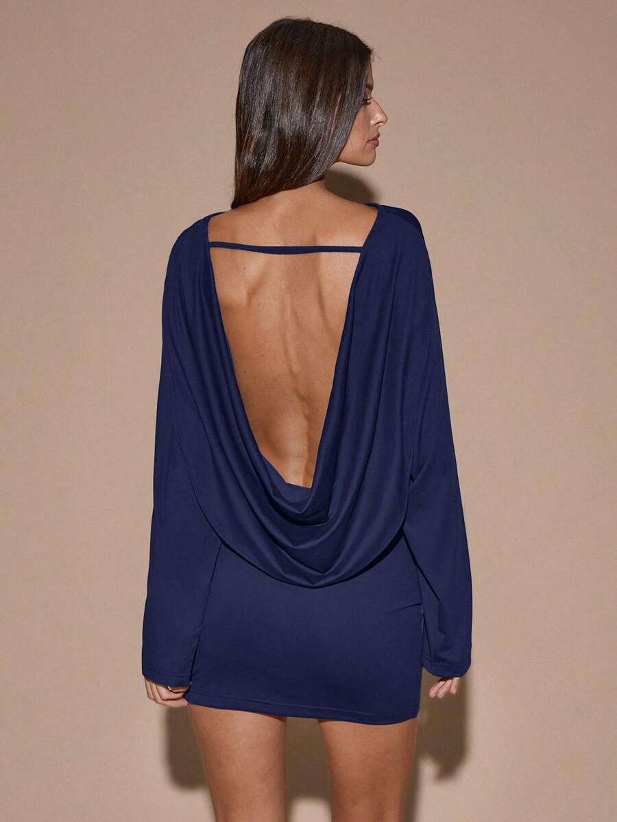 SHEIN BAE 秋冬季纯色棕色/咖啡色长袖宽松深V领露背性感迷你连衣裙，适合鸡尾酒会、浪漫约会、聚会、婚礼伴娘、夜间外出、万圣节、圣诞节等场合。 - 藏蓝色 - 查看 1