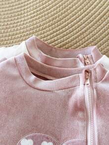 SHEIN Baby Girls' Cute Heart Print Contrast Color Korean Fleece Knit Long Sleeve Romper, Comfortable Fabric, Suitable For Daily Wear, Autumn/Winter - Multicolor - View 4