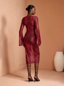 JIAN LASALA Đầm midi nữ ren đỏ in họa tiết toàn thân, cổ chữ V, tay chuông loe, kiểu dáng thanh lịch cổ điển, thích hợp dự tiệc, các dịp đặc biệt, tiệc cocktail, đám cưới ngoài trời. - Đỏ - Xem 2