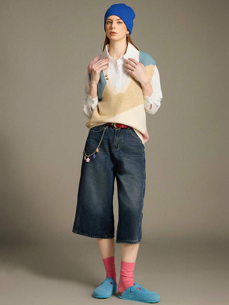 Elnivra 撞色不对称休闲宽松女式套头毛衣背心 - 杏色 - 查看 1