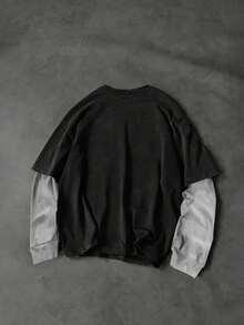 SUMWON Sweatshirt Leher Bulat Hitam Pudar Lengan Panjang Streetwear Kasual Atasan Berlapis Gaya Vintage Mode Urban - Hitam - View 4